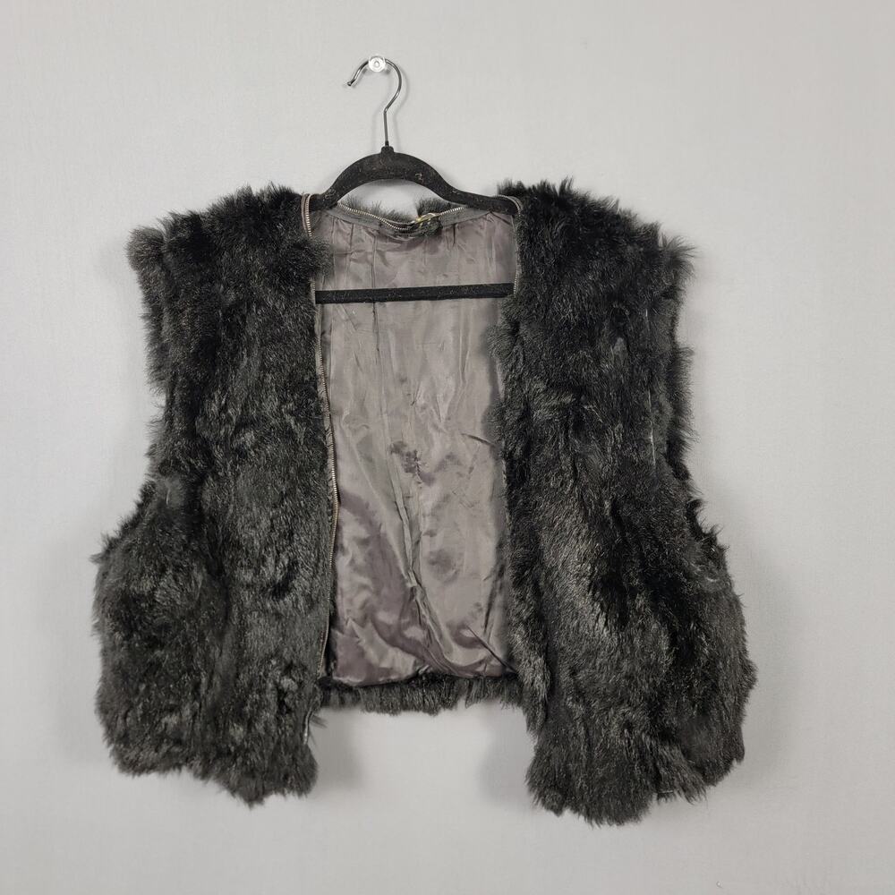 New Zealand Opossum Fur Vest Black Gray Plush Goth Boho Y2K Zip Front